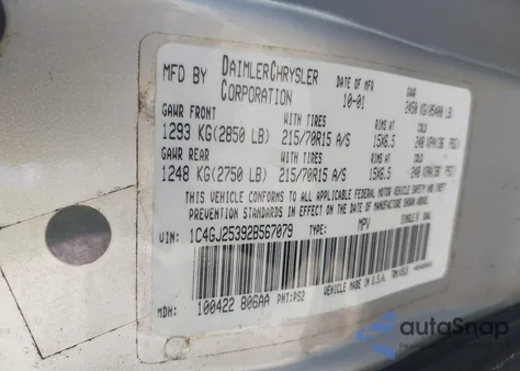 2002 Chrysler Voyager z USA, uszkodzony, nr VIN 1C4GJ25392B567079